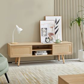 55.12 Rattan TV Cabinet, Double Sliding Doors For Storage,  Adjustable Shelf, Solid Wood Legs, TV Console For Living Room ,natural